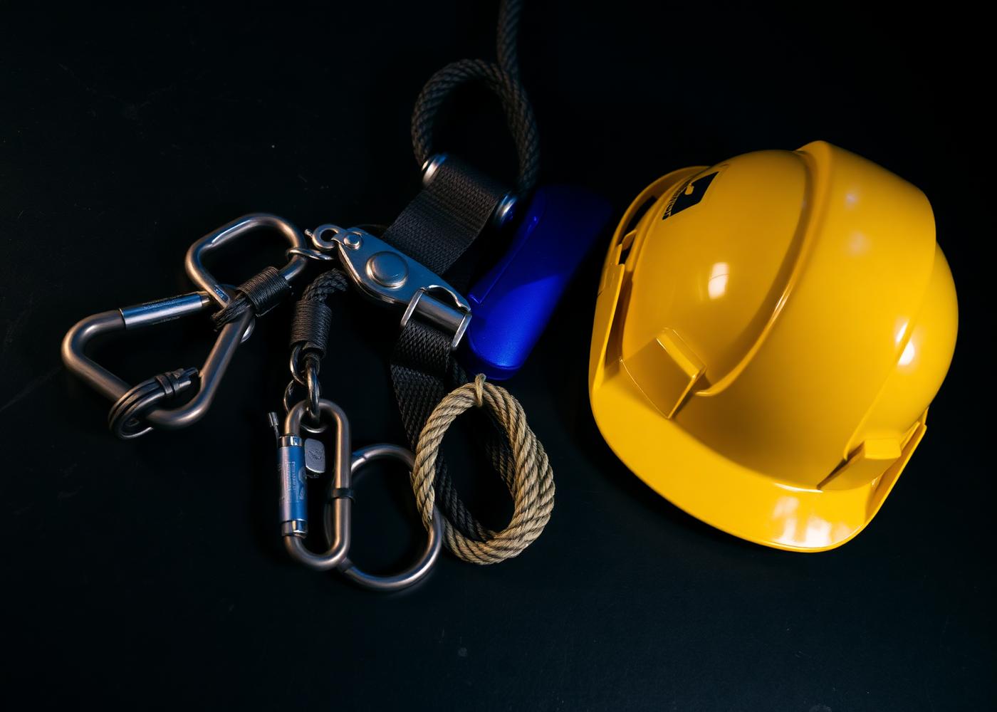 Climbing safety equipment including harness hardware, carabiners and hard hat